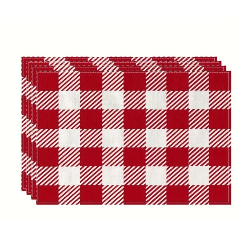 4 Piece Placemat Set 12x18in Red and White Check